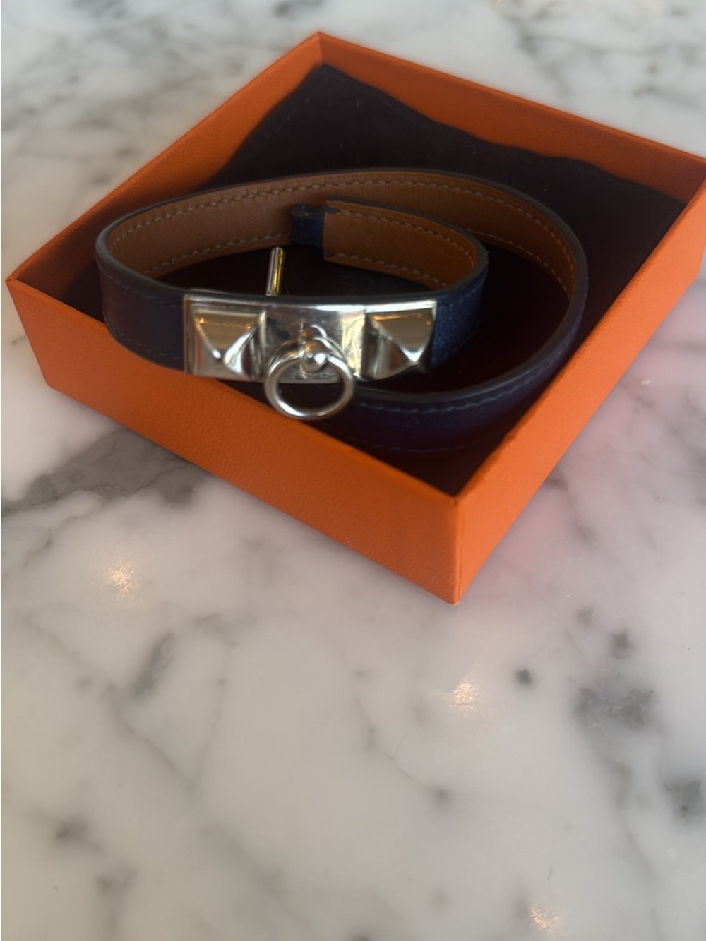 Hermes Navy Blue Leather Double Tour Bracelet with Silver Hardware